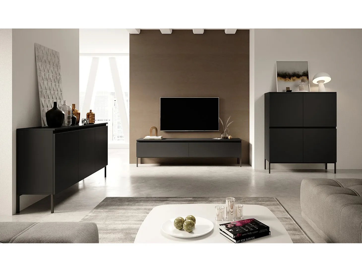 Mueble de TV - 175 cm - negro con patas negras - BEMMI