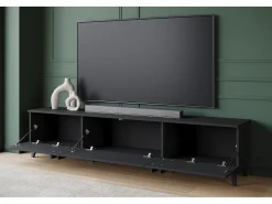 Mueble de TV 180 cm con patas para salón – lowboard moderno con tres puertas abatibles, negro mate