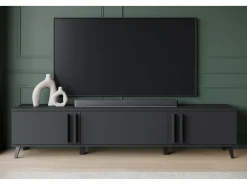 Mueble de TV 180 cm con patas para salón – lowboard moderno con tres puertas abatibles, negro mate