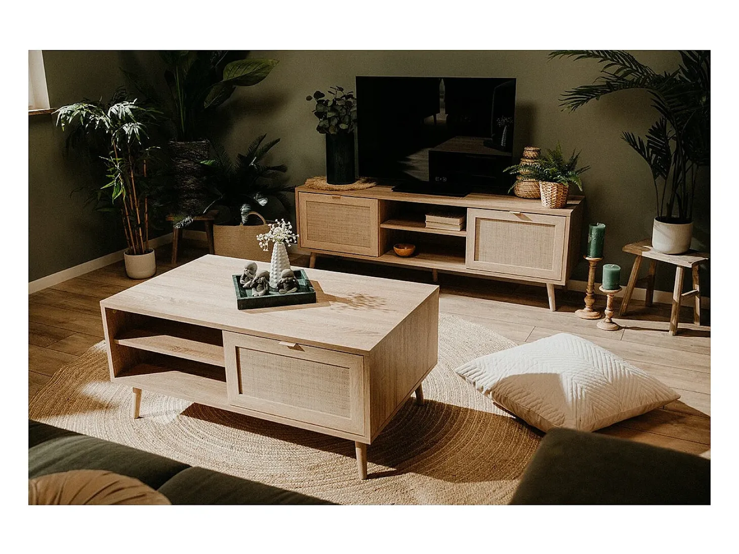 Mueble de TV 2 puertas 150 cm - Impresión efecto ratán