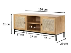Mueble de TV 2 puertas con rejilla de ratán y 2 baldas - 120 cm de largo