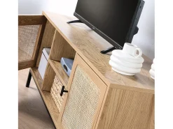 Mueble de TV 2 puertas con rejilla de ratán y 2 baldas - 120 cm de largo
