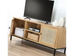 Mueble de TV 2 puertas con rejilla de ratán y 2 baldas - 120 cm de largo