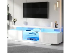 Mueble de TV alto brillo 160x40x45cm - con 2 puertas y 8 estantes - con iluminación LED - MDF - Blanco