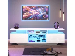 Mueble de TV alto brillo 160x40x45cm - con 2 puertas y 8 estantes - con iluminación LED - MDF - Blanco