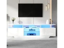 Mueble de TV alto brillo 160x40x45cm - con 2 puertas y 8 estantes - con iluminación LED - MDF - Blanco