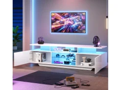 Mueble de TV alto brillo 160x40x45cm - con 2 puertas y 8 estantes - con iluminación LED - MDF - Blanco