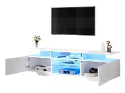 Mueble de TV alto brillo 160x40x45cm - con 2 puertas y 8 estantes - con iluminación LED - MDF - Blanco