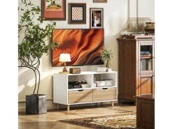 Mueble de TV bajo con 2 estantes, cajón, 99 cm de largo, mesa de TV para televisión, para salón, color blanco