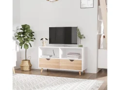 Mueble de TV bajo con 2 estantes, cajón, 99 cm de largo, mesa de TV para televisión, para salón, color blanco