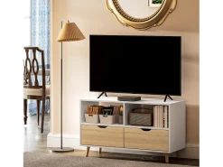 Mueble de TV bajo con 2 estantes, cajón, 99 cm de largo, mesa de TV para televisión, para salón, color blanco