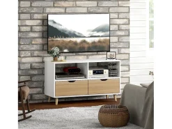 Mueble de TV bajo con 2 estantes, cajón, 99 cm de largo, mesa de TV para televisión, para salón, color blanco