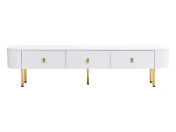 Mueble de TV blanco - Mueble de TV para sala de estar con 3 cajones de almacenamiento - tiradores y patas dorados