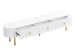 Mueble de TV blanco - Mueble de TV para sala de estar con 3 cajones de almacenamiento - tiradores y patas dorados