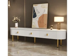 Mueble de TV blanco - Mueble de TV para sala de estar con 3 cajones de almacenamiento - tiradores y patas dorados
