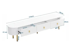 Mueble de TV blanco - Mueble de TV para sala de estar con 3 cajones de almacenamiento - tiradores y patas dorados