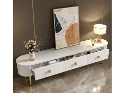 Mueble de TV blanco - Mueble de TV para sala de estar con 3 cajones de almacenamiento - tiradores y patas dorados