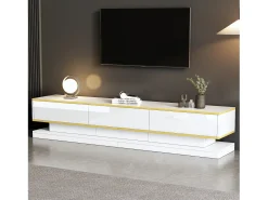 Mueble de TV blanco con tres cajones de almacenamiento y detalles dorados - para salas de estar y oficinas