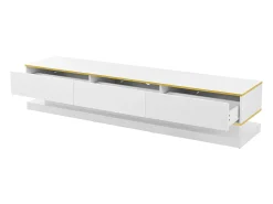 Mueble de TV blanco con tres cajones de almacenamiento y detalles dorados - para salas de estar y oficinas
