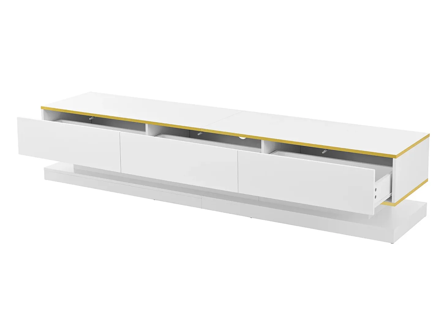 Mueble de TV blanco con tres cajones de almacenamiento y detalles dorados - para salas de estar y oficinas