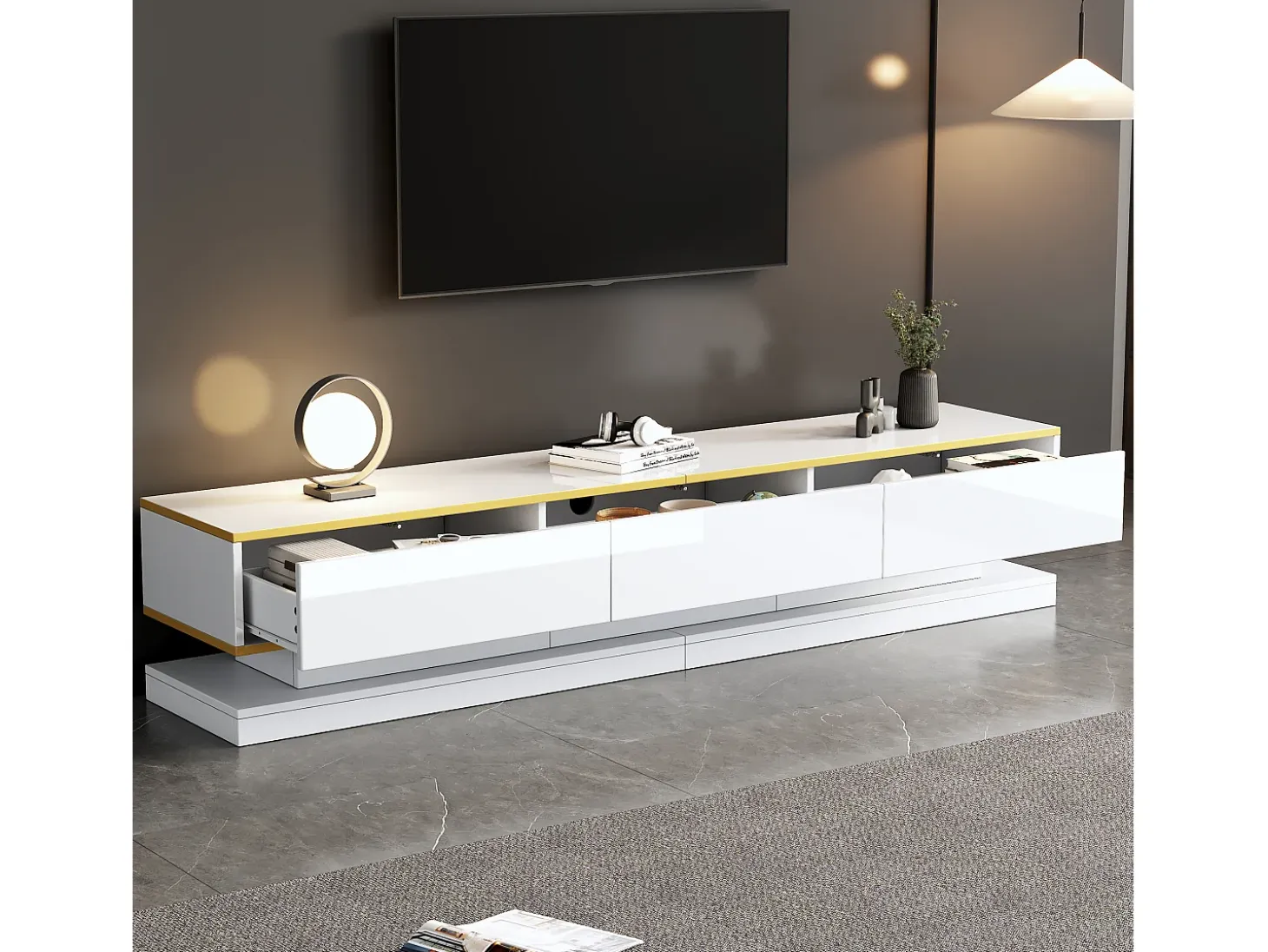 Mueble de TV blanco con tres cajones de almacenamiento y detalles dorados - para salas de estar y oficinas