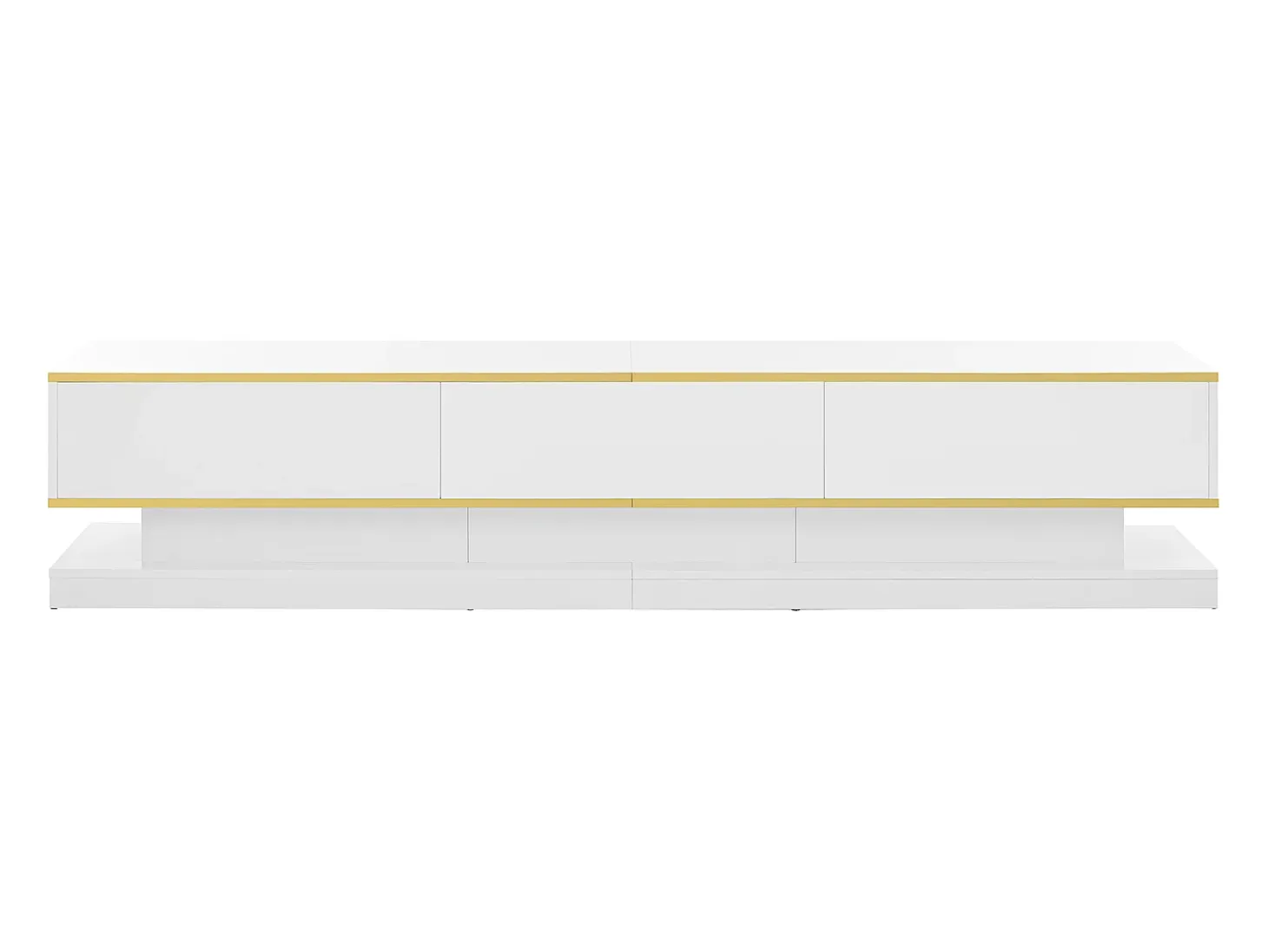 Mueble de TV blanco con tres cajones de almacenamiento y detalles dorados - para salas de estar y oficinas