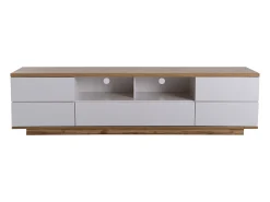 Mueble de TV blanco, mueble de TV con espacio de almacenaje y acabado veta madera, para salón, 180 x 38 x 46 cm
