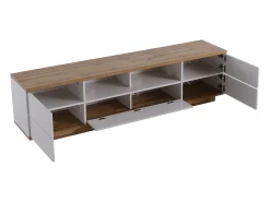 Mueble de TV blanco, mueble de TV con espacio de almacenaje y acabado veta madera, para salón, 180 x 38 x 46 cm