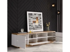 Mueble de TV blanco, mueble de TV con espacio de almacenaje y acabado veta madera, para salón, 180 x 38 x 46 cm