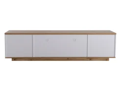 Mueble de TV blanco, mueble de TV con espacio de almacenaje y acabado veta madera, para salón, 180 x 38 x 46 cm