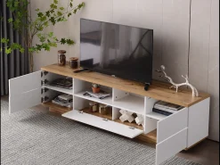 Mueble de TV blanco, mueble de TV con espacio de almacenaje y acabado veta madera, para salón, 180 x 38 x 46 cm