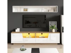 Mueble de TV brillante - 180 x 40 x 46 cm - con 2 cajones + 2 puertas Mueble de TV + LED - aglomerado - blanco