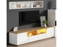Mueble de TV brillante - 180 x 40 x 46 cm - con 2 cajones + 2 puertas Mueble de TV + LED - aglomerado - blanco