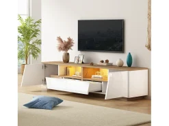 Mueble de TV brillante - 180 x 40 x 46 cm - con 2 cajones + 2 puertas Mueble de TV + LED - aglomerado - blanco