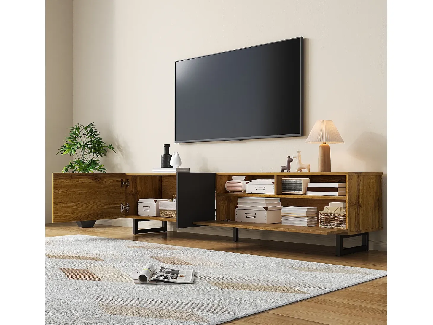 Mueble de TV Colorblock - 170 x 36,5 x 42 cm - con 3 puertas + 2 estantes - aglomerado - natural