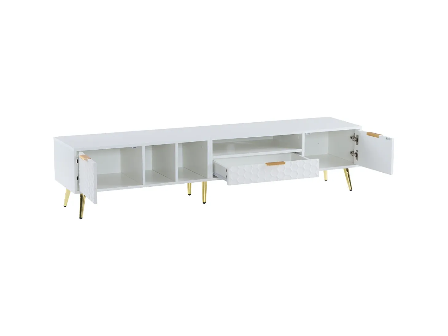 Mueble de TV con 1 cajón y 2 puertas - Diseño de nido de abeja - Patas de metal - Blanco