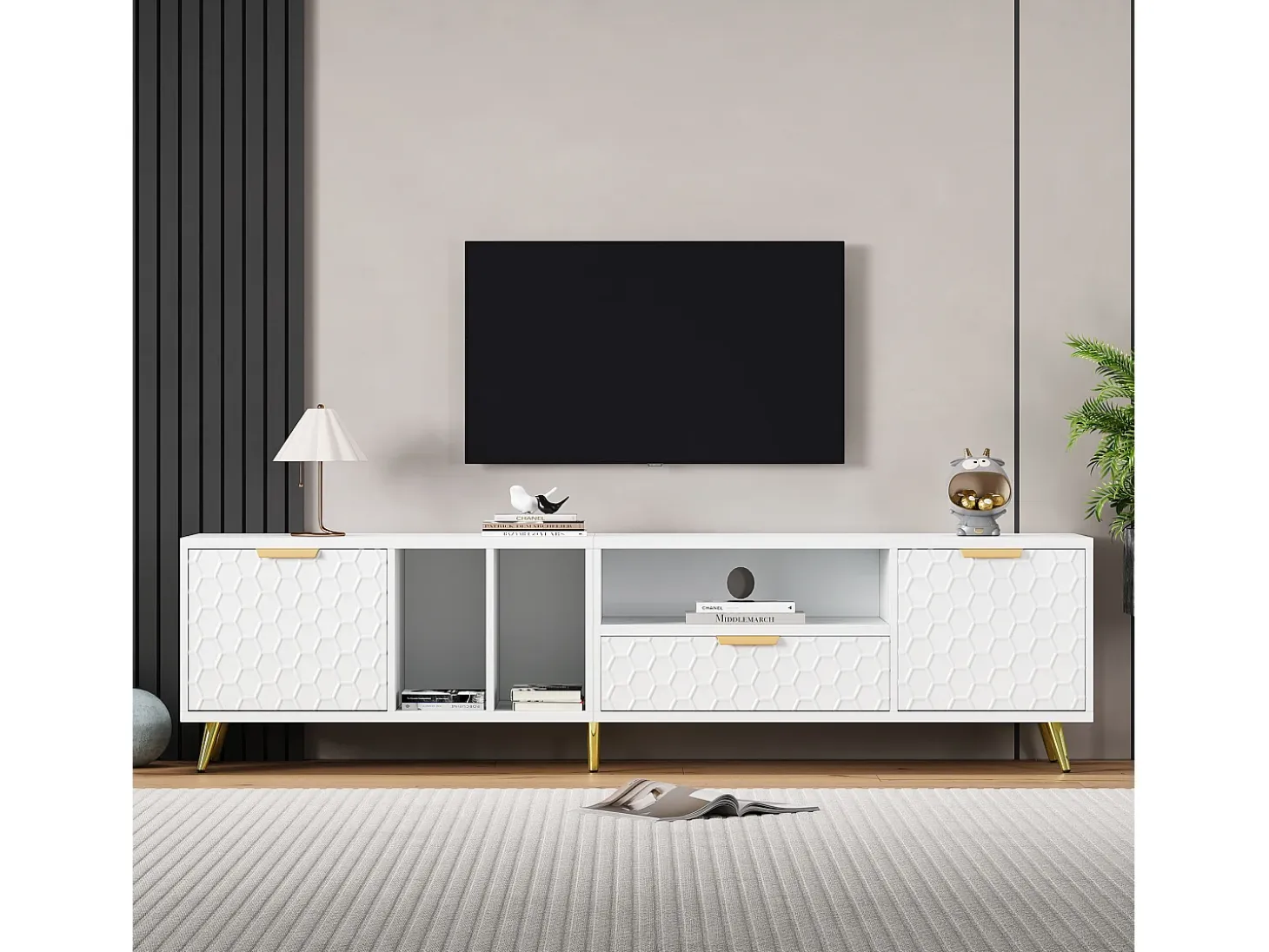 Mueble de TV con 1 cajón y 2 puertas - Diseño de nido de abeja - Patas de metal - Blanco