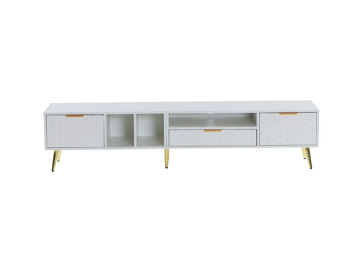 Mueble de TV con 1 cajón y 2 puertas - Diseño de nido de abeja - Patas de metal - Blanco