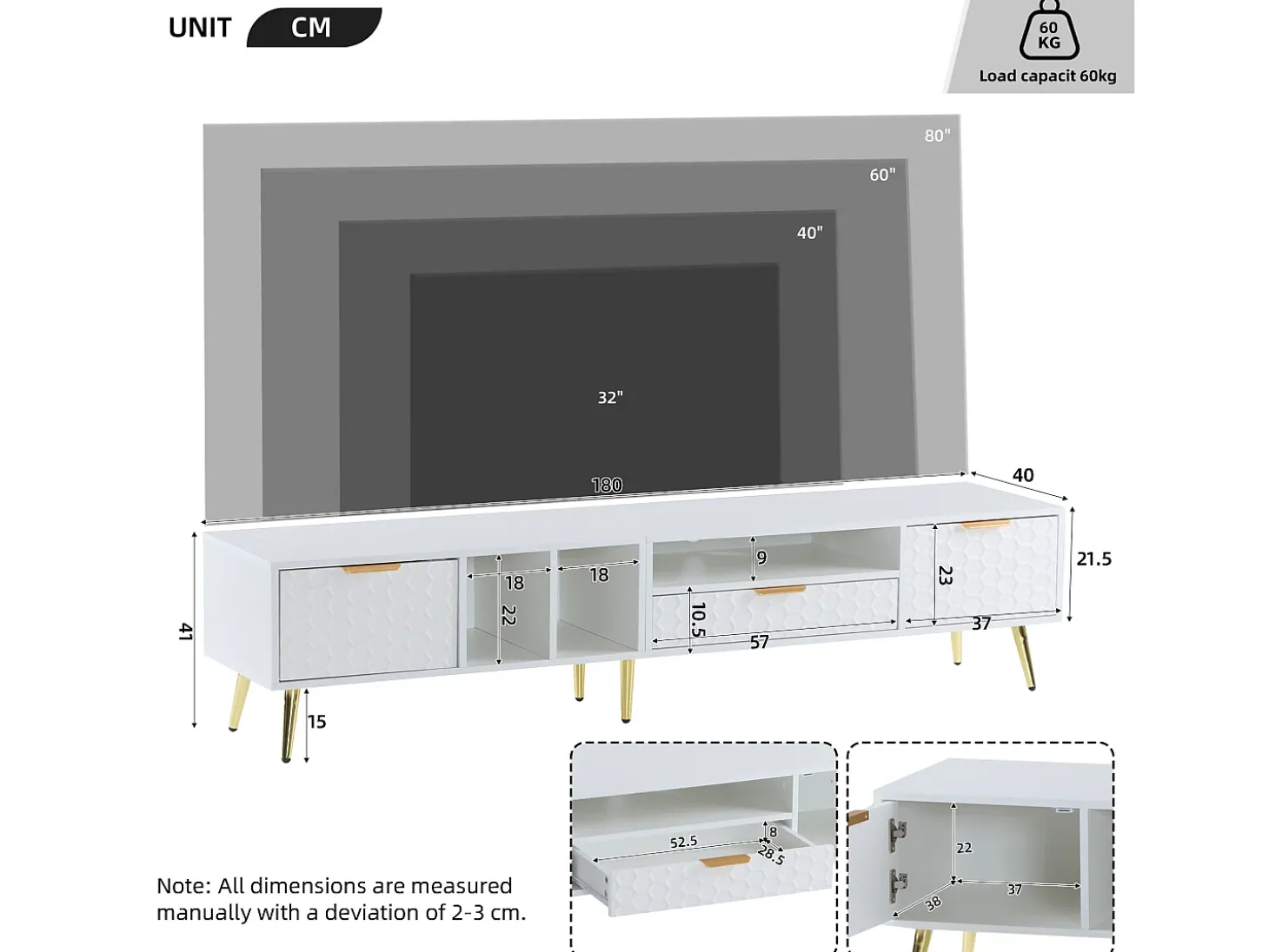 Mueble de TV con 1 cajón y 2 puertas - Diseño de nido de abeja - Patas de metal - Blanco