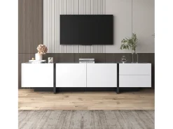 Mueble de TV con 2 cajones y 3 puertas - Blanco brillo y negro