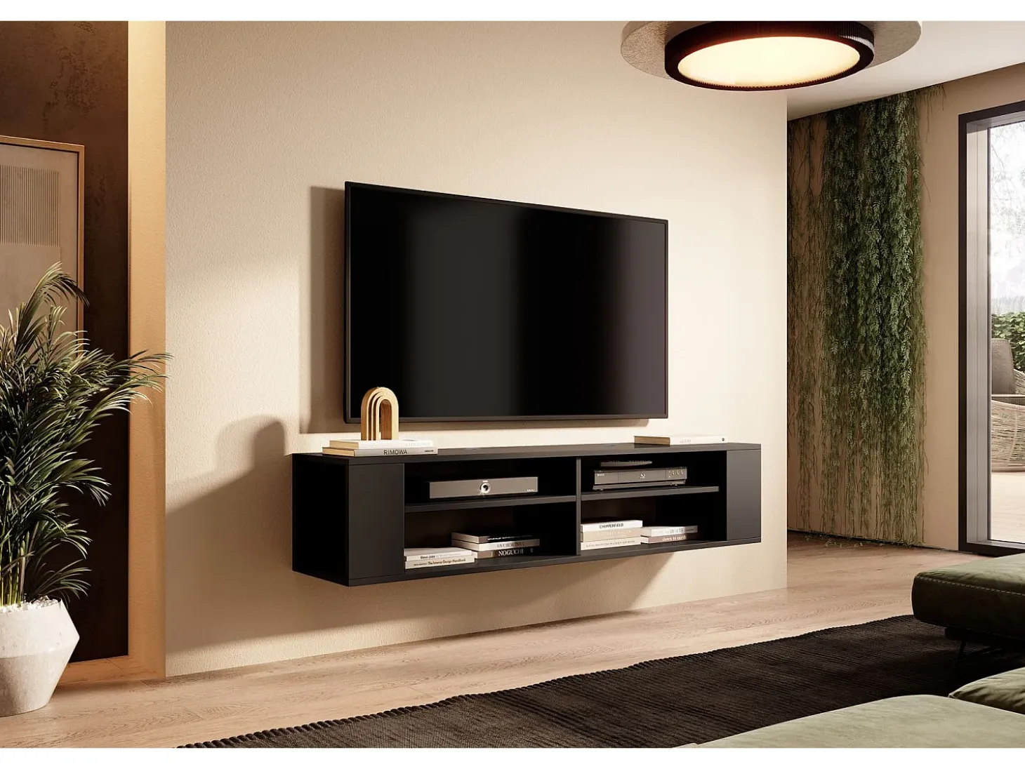 Mueble de TV con 4 compartimentos - Negro - 140 cm - WALL
