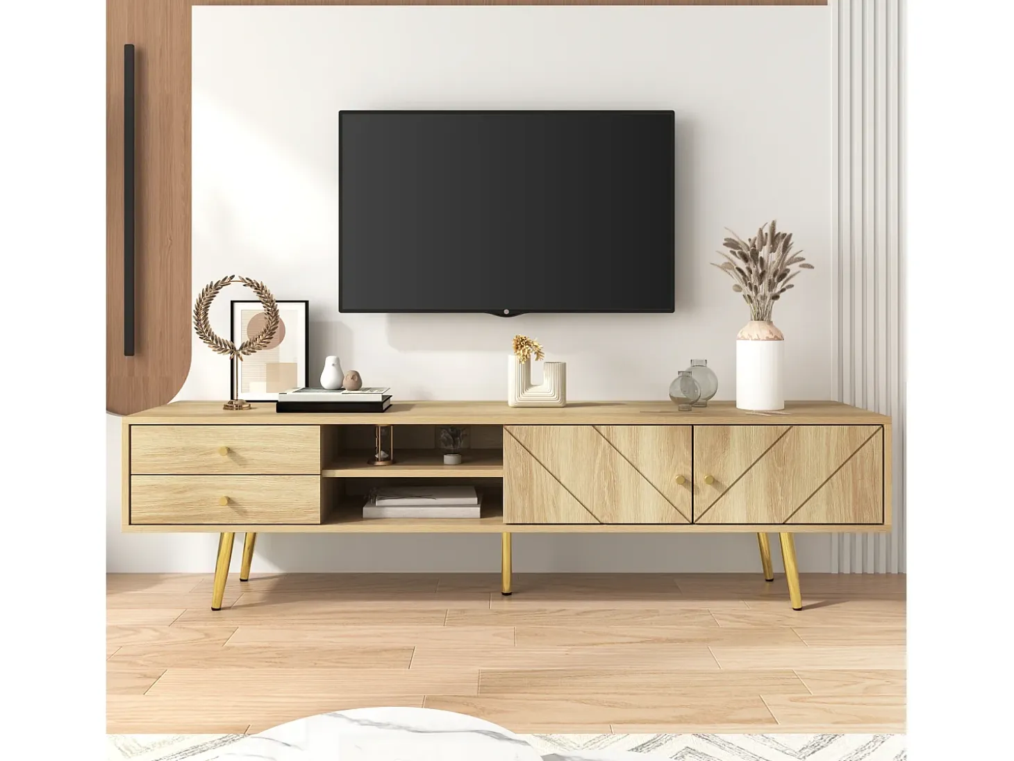 Mueble de TV con 2 puertas y 2 cajones - 160 x 36 x 42 cm - MDF, Tablero de partículas - Color madera