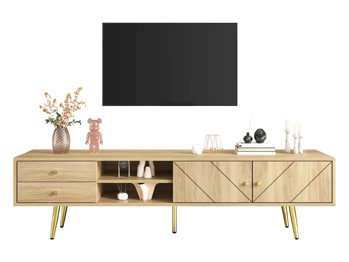 Mueble de TV con 2 puertas y 2 cajones - 160 x 36 x 42 cm - MDF, Tablero de partículas - Color madera
