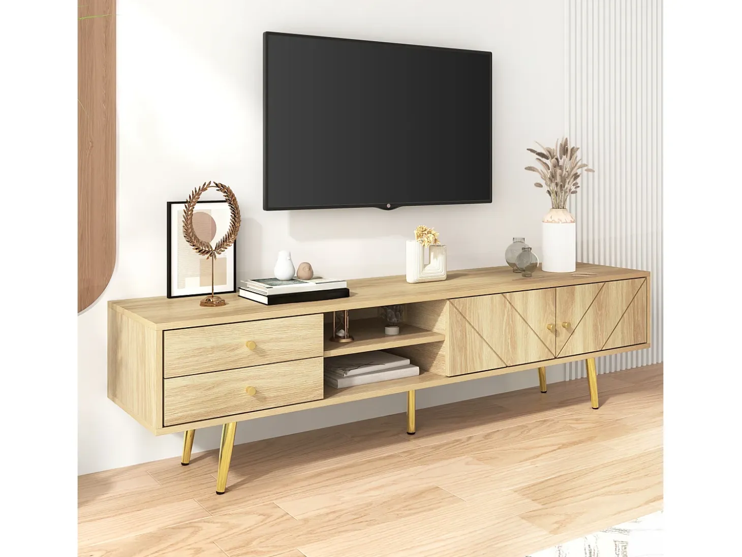 Mueble de TV con 2 puertas y 2 cajones - 160 x 36 x 42 cm - MDF, Tablero de partículas - Color madera