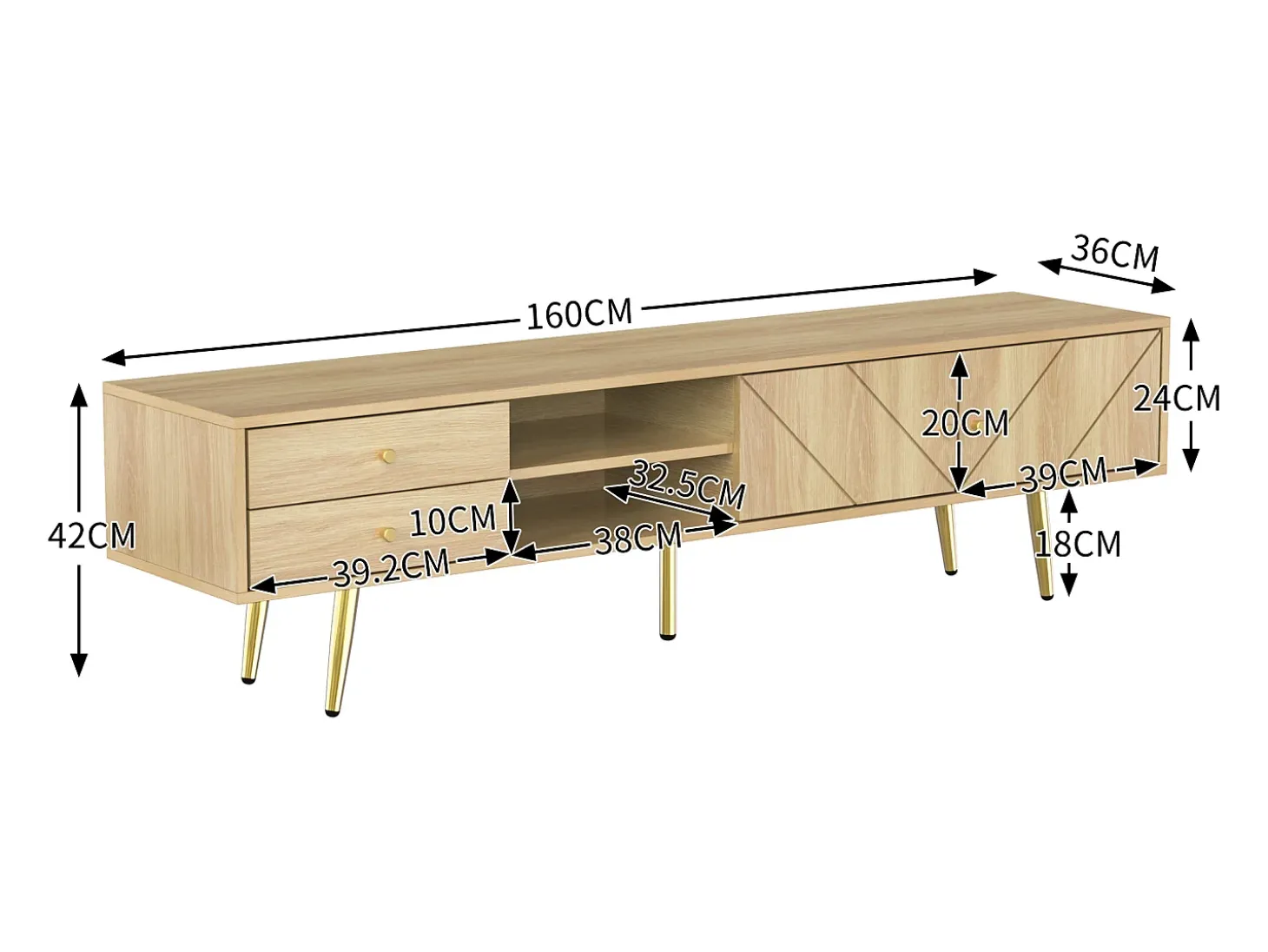 Mueble de TV con 2 puertas y 2 cajones - 160 x 36 x 42 cm - MDF, Tablero de partículas - Color madera
