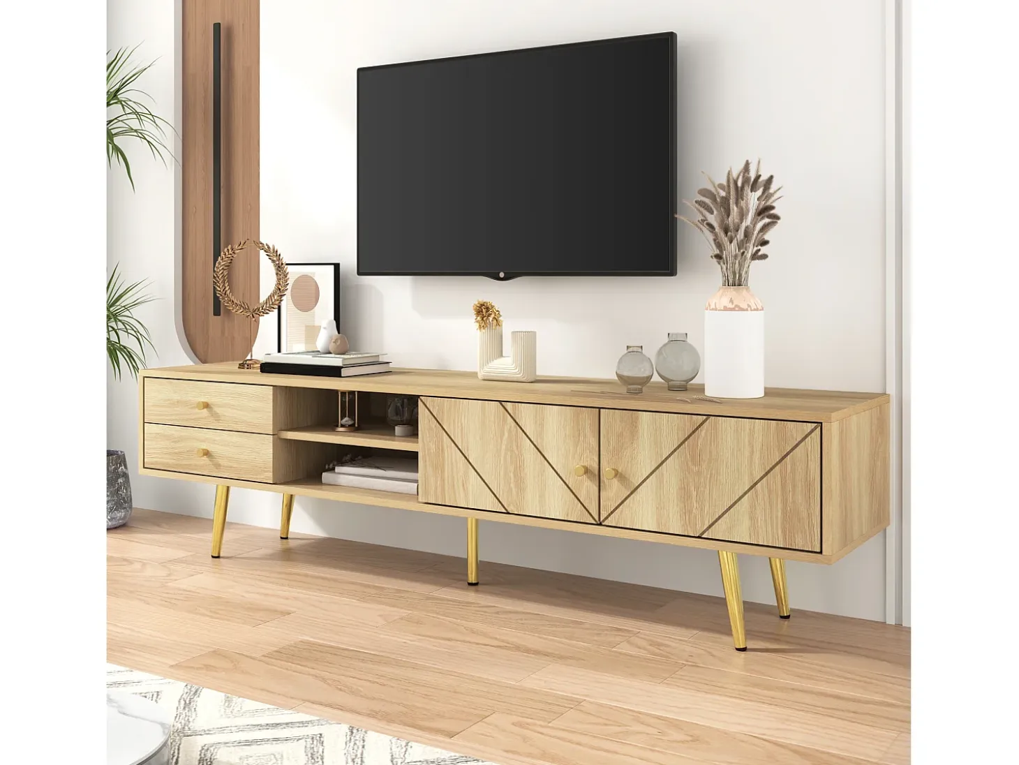 Mueble de TV con 2 puertas y 2 cajones - 160 x 36 x 42 cm - MDF, Tablero de partículas - Color madera