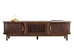 Mueble de TV con 2 puertas correderas - Mueble de TV marrón con puertas huecas abatibles - para televisores de hasta 65
