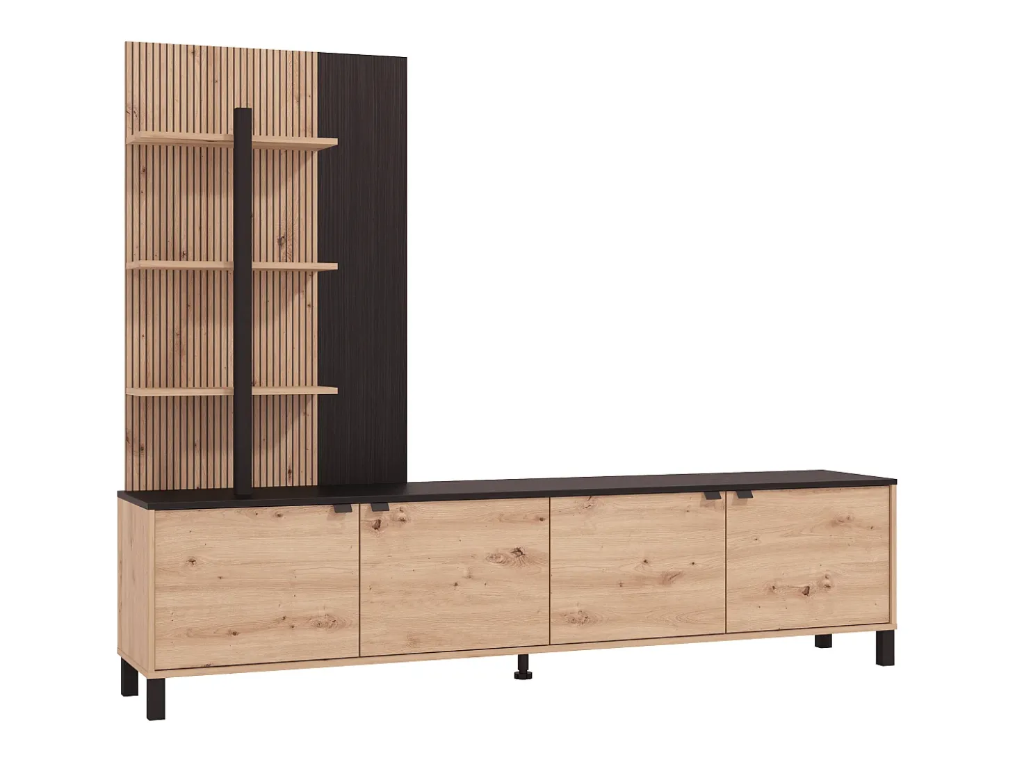 Mueble de TV con 4 puertas y 3 estantes - Natural y Negro - NUJA