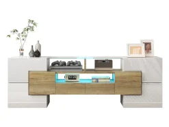 Mueble de TV con 4 puertas y 2 cajones - 145 x 30 x 51 cm - LEDs - Tablero de partículas - Blanco+Oro