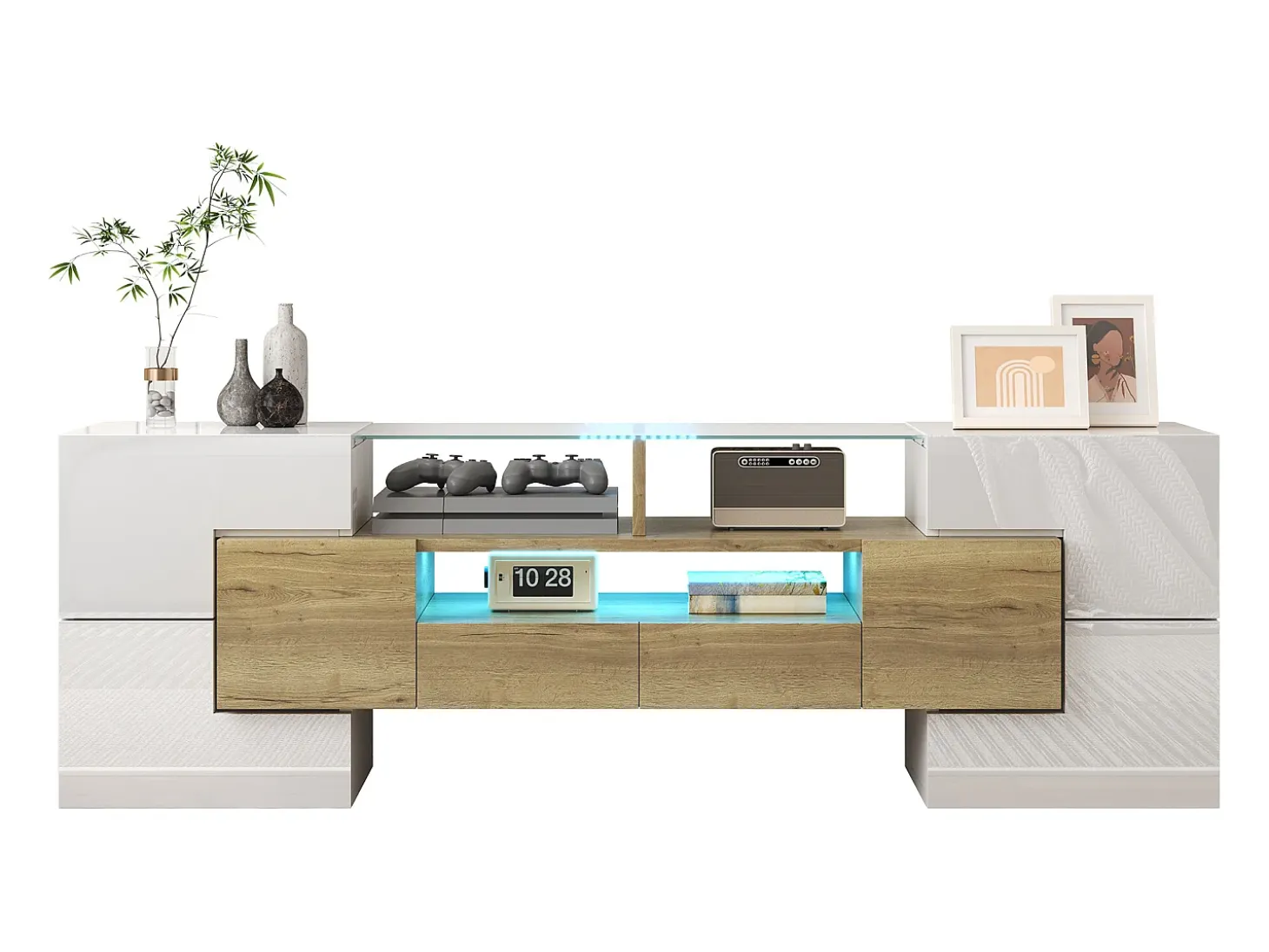 Mueble de TV con 4 puertas y 2 cajones - 145 x 30 x 51 cm - LEDs - Tablero de partículas - Blanco+Oro
